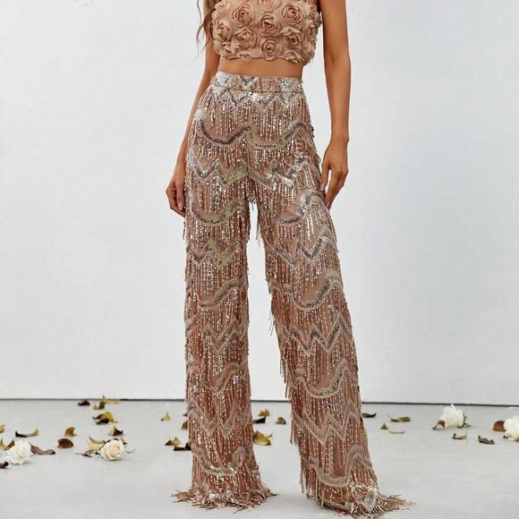 Apricot Preppy Womens Rose Tube Top & Fringe Trim Wide Leg Pants - Picture 4 of 5